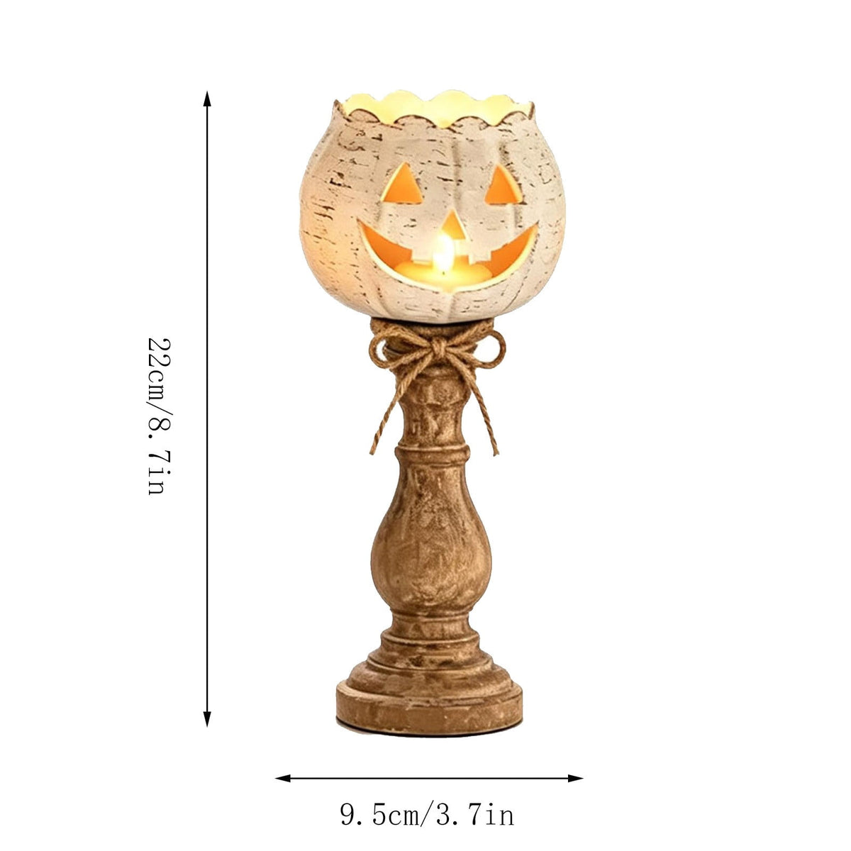 Halloween Lamp Indoor Tabletop Decorations, LED Lighted Wooden Pumpkin with Vintage Pedestal Stand and Rope Bow, 8.7 Inch Rustic Halloween Decor for Home Mantel Entryway
