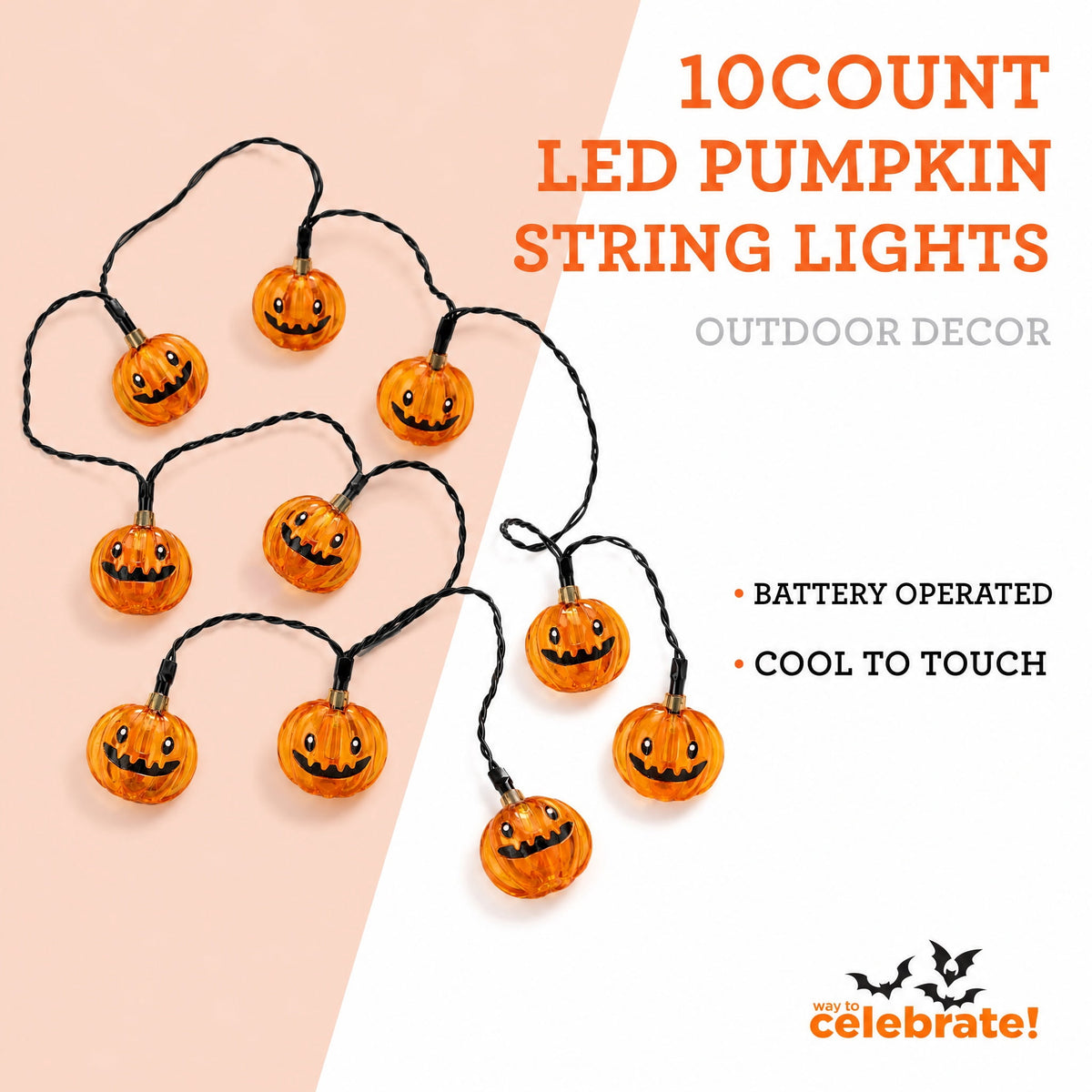 Indoor 10-Count Battery-Operated LED Pumpkin String Lights, Orange, 3', Halloween by Way To Celebrate