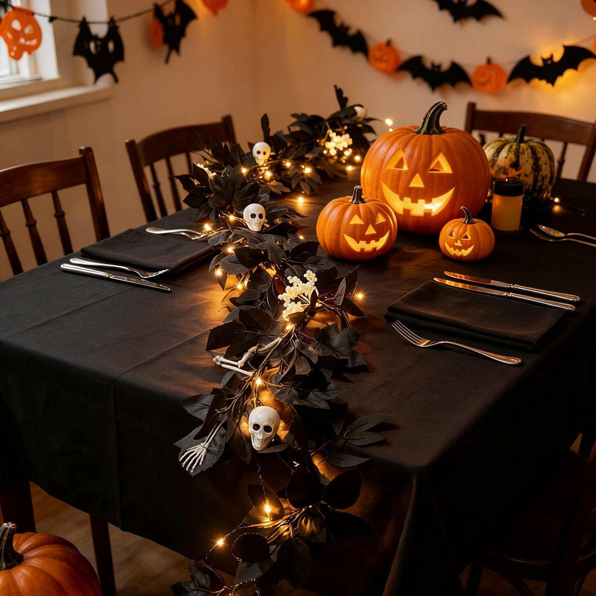Halloween Black Garland with LED Lights 70.87 Inch Gothic Foliage for Mantel Stair Halloween Party Home Indoor Decor