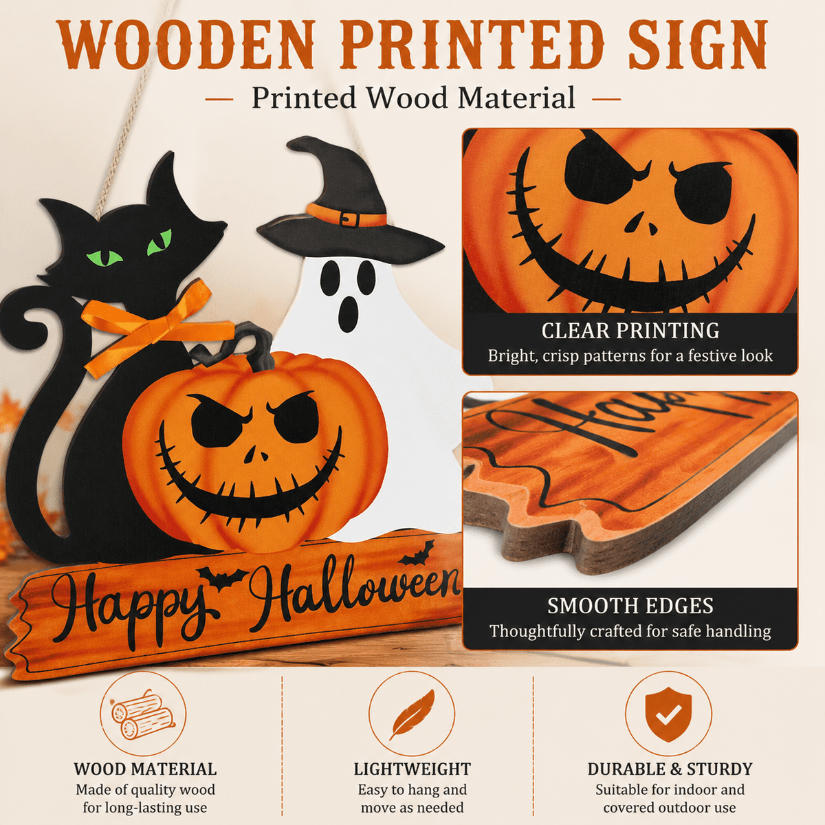 Lethargic Happy Halloween Door Sign Wooden Ghost Pumpkin Black Cat Door Wreath Halloween Hanging Decorations for Porch Wall Supplies, 11.8 x 0.2 in