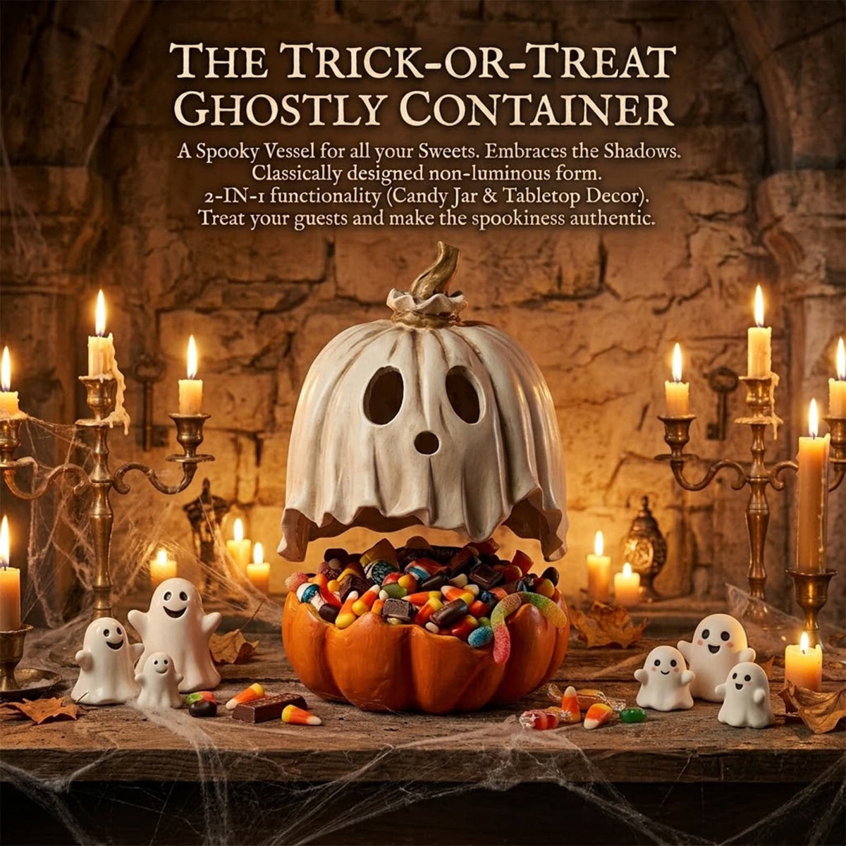 Ghost Pumpkin Candy Bowl/Lantern 2 In 1 With Detachable Ghost Mask Lid 10 Inch Resin Spooky Tabletop Decor For Halloween Party Supplies