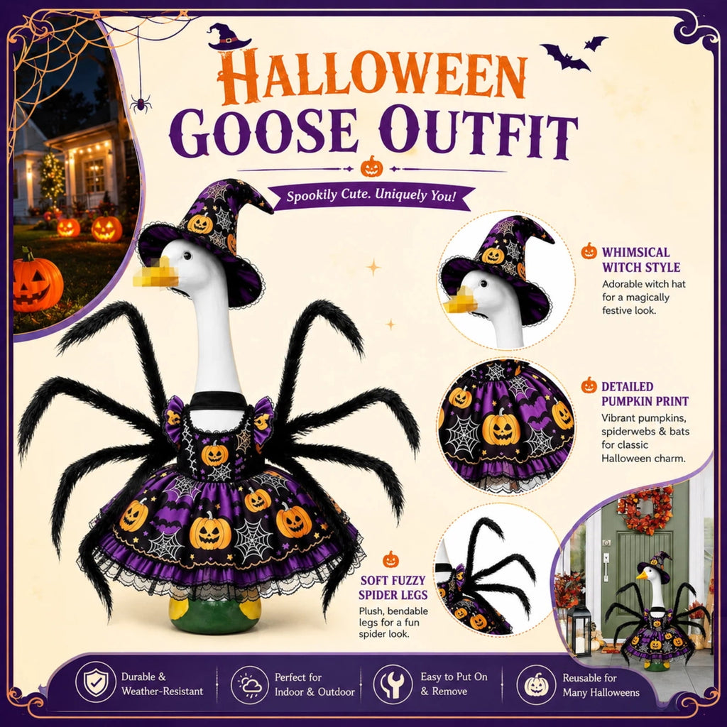 Porch Goose Halloween Outfit for 23 Inch Goose Statue, Witch Hat Dress with Fuzzy Spider Legs, Pumpkin Spiderweb Goose Clothes, Funny Yard Lawn Patio Decor