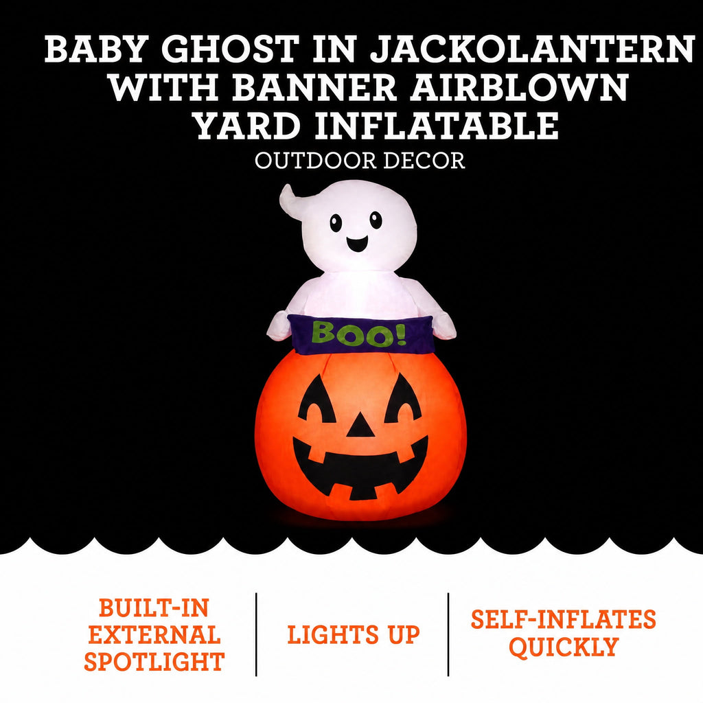 Baby Ghost in Jack-o'-Lantern with Banner Airblown Yard Inflatable, Multicolor, 3.5', Halloween by Way To Celebrate