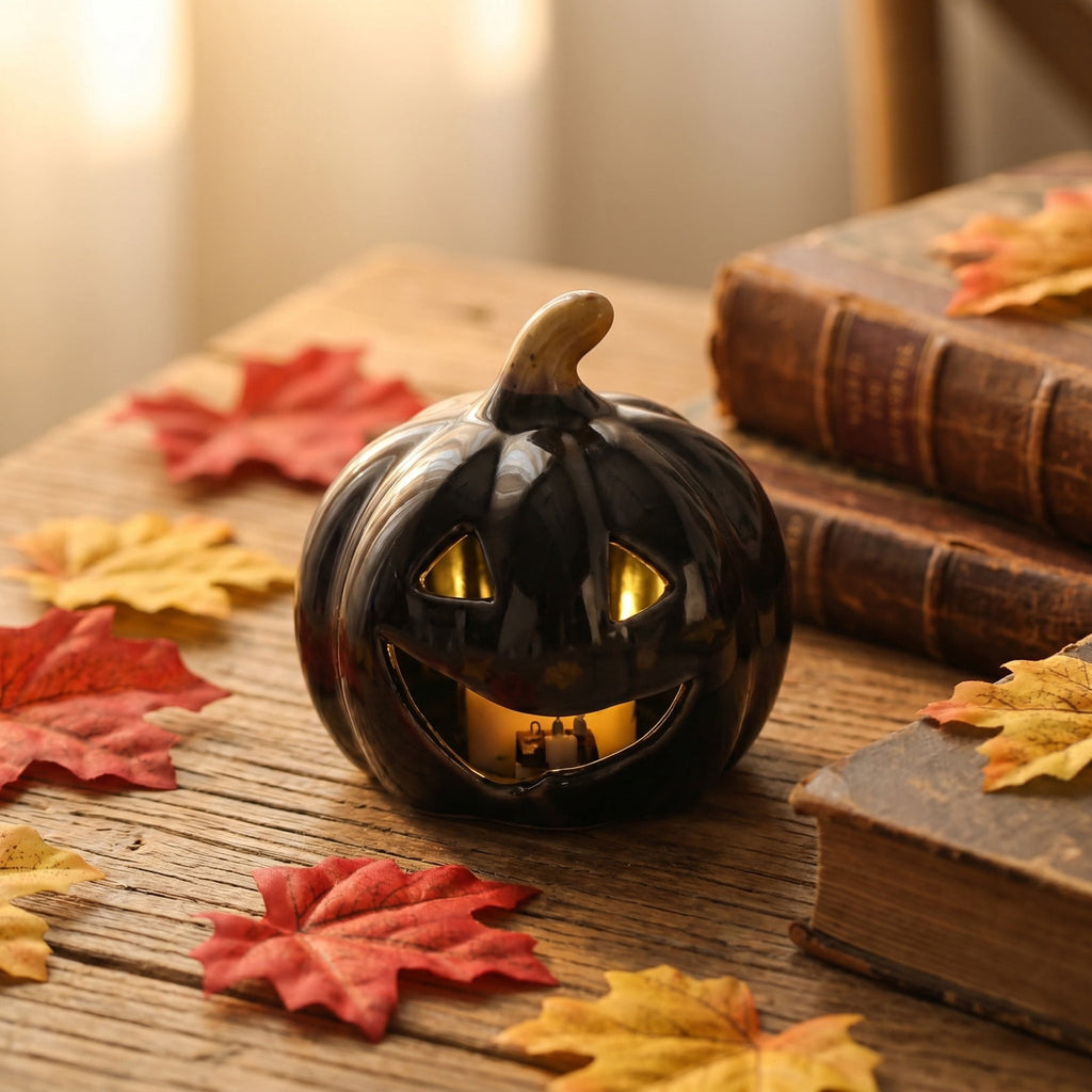 LEFXSMR Pumpkin Night Light, Ceramics Glowing Pumpkin Decor with Led, Waterproof Halloween Light for Home Holiday Desktop Decor