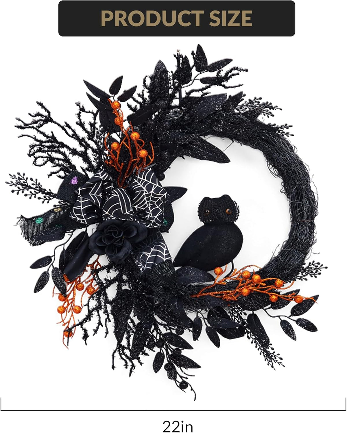 Lumiparty 20" Halloween Wreath, for Front Door, Natural Vine Base, Artificial Roses, for Holiday Decoration