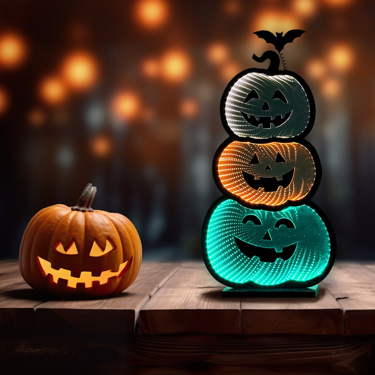 3 Stacked Pumpkins Infinity Mirror Light with Stand - LED Lighted Halloween Decoration - USB-Powered - 3D LED Infinity Light - Indoor Seasonal Decor for Tables or Windows - 11" x 21"