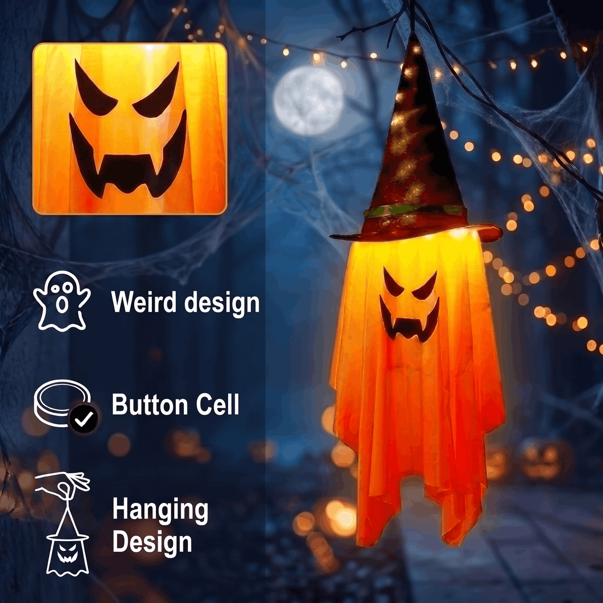 DAYBETTER 3 Pack Halloween Hanging Ghosts Light Up Decor, LED Ghost with Witch Hat Cute Lighted Ornaments for Indoor Outdoor Yard Patio Porch Tree Spooky Decor Gifts