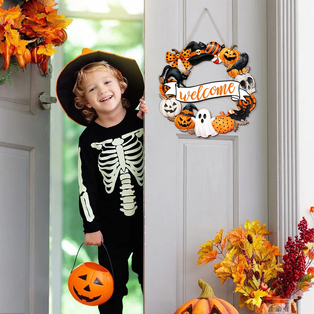YIBAGA Halloween Door Hanging Sign Wreath Decorations, Welcome Halloween Ghosts Pumpkins Wooden Hanger Home Decor Party Supplies