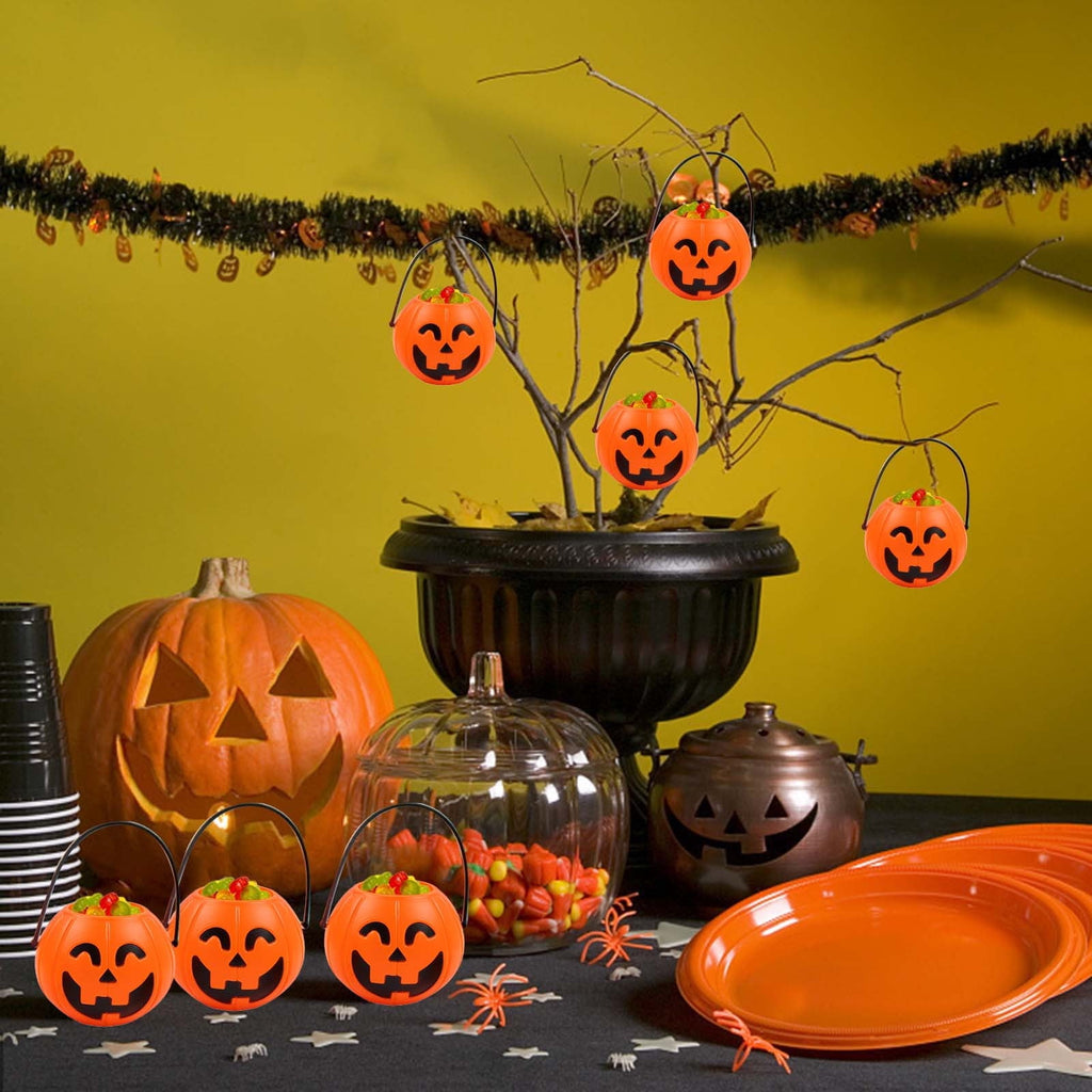 Kumdkd Halloween Pumpkin Bucket for Kids - Plastic Trick or Treat Candy Pail with Handle, Party Decor