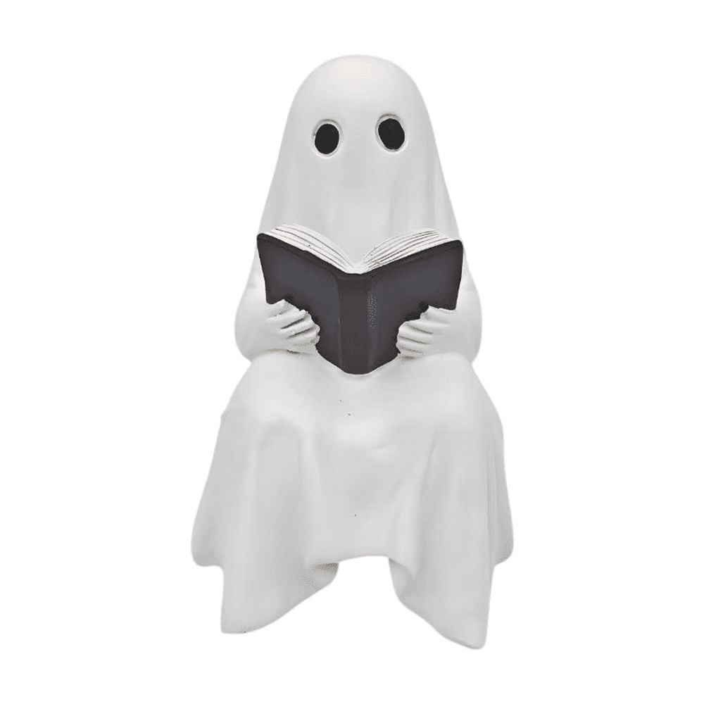 Halloween Ghost Figurine, Resin Lighted Ghost Ornament with Pumpkin Lantern & Beverage Cup, Tabletop Halloween Indoor Decor
