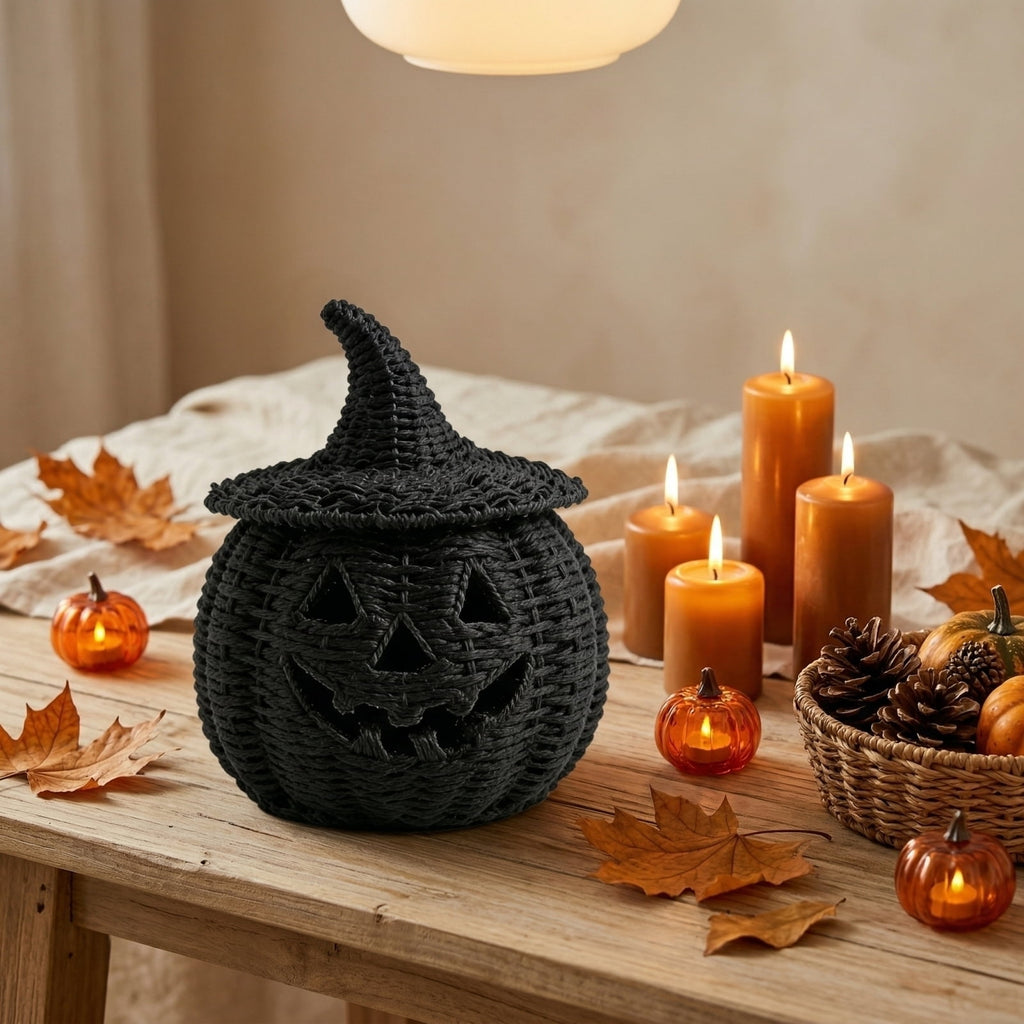 Handwoven Rattan Ghost Lantern with Witch Hat - 13.78 Inch White Wicker Ghost Decor, Light Up Halloween Decorations for Indoor Outdoor, Porch, Patio, Spooky Home Decor, Fall Harvest