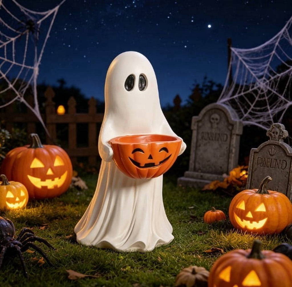 Outdoor Safe Halloween Ghost Figurine With Pumpkin Candy Bowl, Front Porch and Yard Statue, Indoor Outdoor Decorative Ghost for Treats and Decor