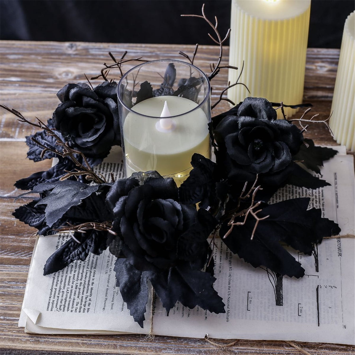 TETOU 2Pcs Halloween Candle Rings Wreath for Pillar Candle Holder, Maple Leaf Black Rose Small Wreaths for Fall Thanksgiving Home Table Centerpieces, Cabinet Decorations - Black