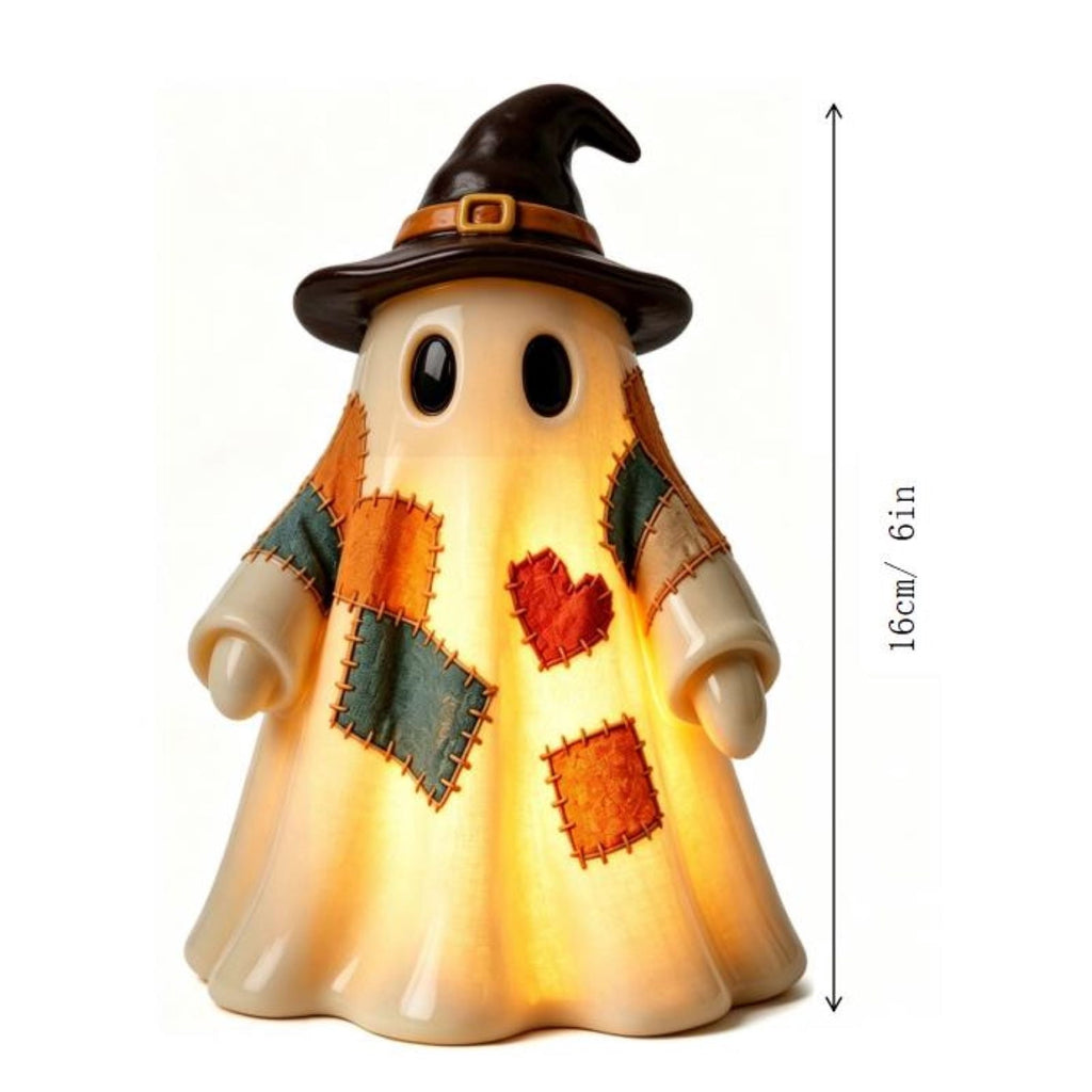 Vintage Patchwork Ghost Figurine, Cute Resin Halloween Ghost Statue with Floral Bow and Pumpkin Basket, Retro Fall Tabletop Mantel Shelf Entryway Porch Decor for Halloween Thanksgiving Home Party