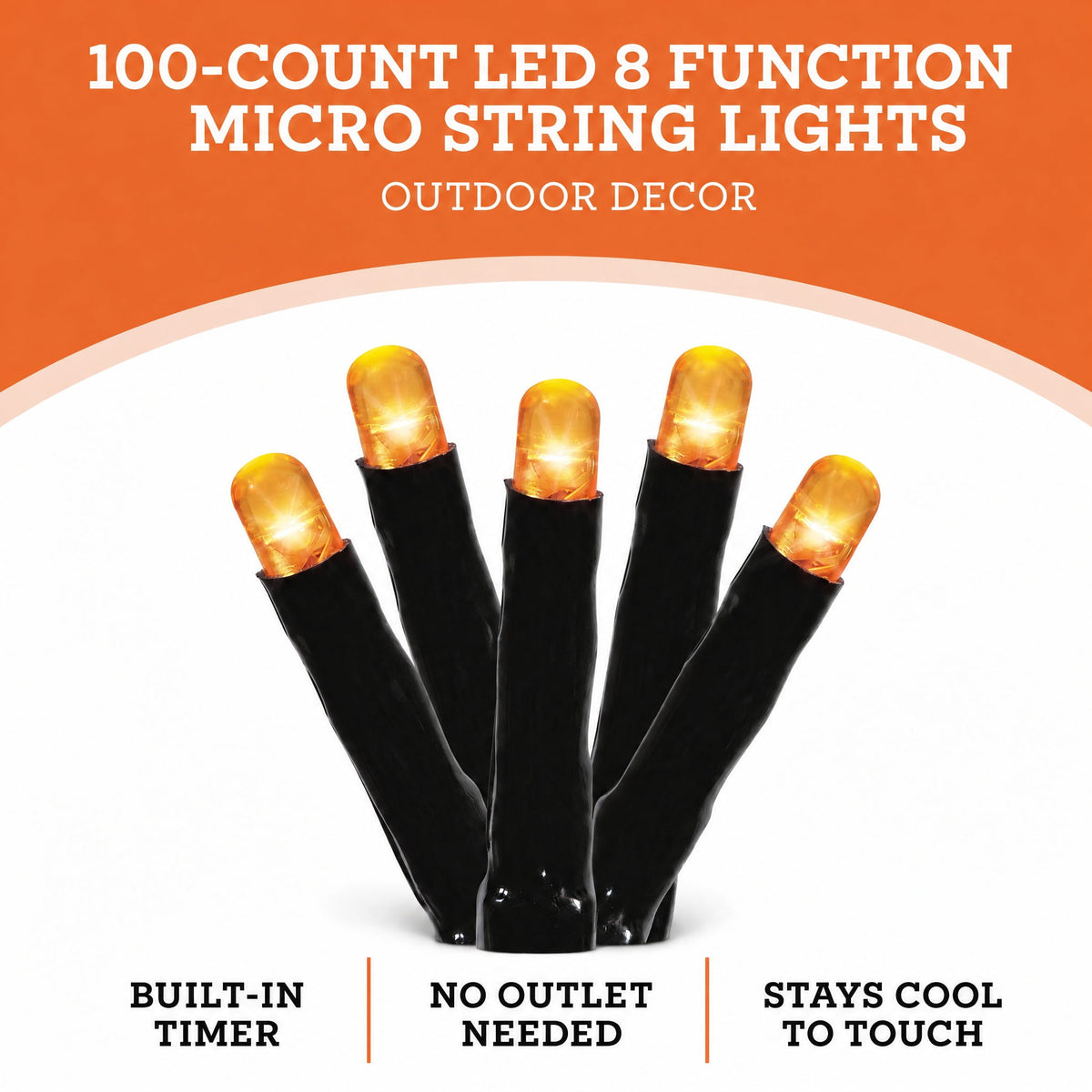 Indoor/Outdoor 100-Count Battery-Operated LED 8-Function Micro String Lights, Orange, 33', Halloween by Way To Celebrate