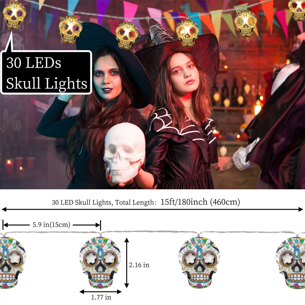 Ayieyill Halloween String Lights, 15ft 30 LED Skull Halloween Lights Halloween Decorations Indoor Outdoor