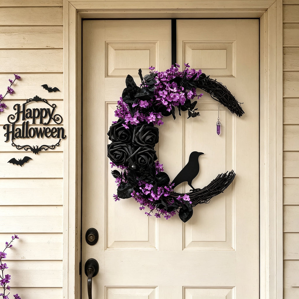 Halloween Black Cat Wreath, 14.9 in Purple and Black Crescent Wreath with Artificial Flowers and Crystal Pendant, Gothic Front Door Decor