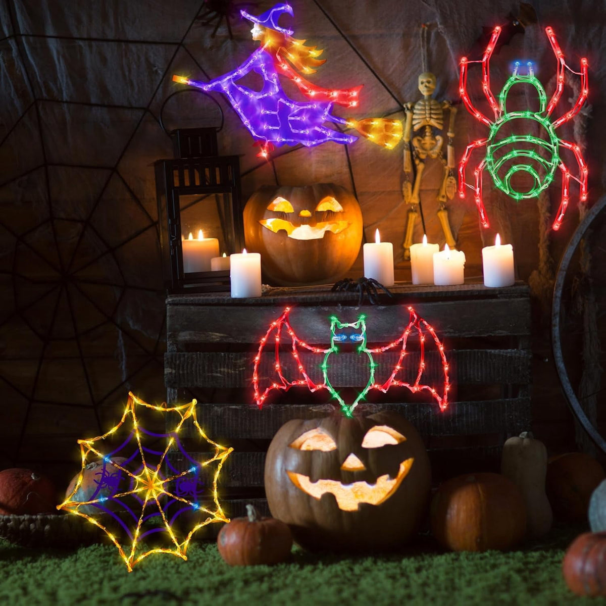 16" Halloween Window decorate Plug Light Witch Bat Spider Web door decor-4 Pack