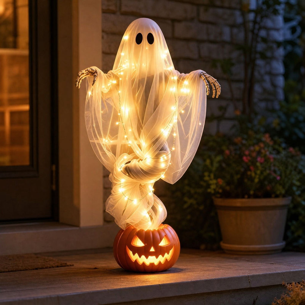 Luckky Swirling Ghost Pumpkin Yard Lamp,Lighted Spooky Ghost Statue with Warm Light,Waterproof Outdoor Ornament for Porch,Pathway,Lawn & Garden,Fall Autumn Halloween Party Decor