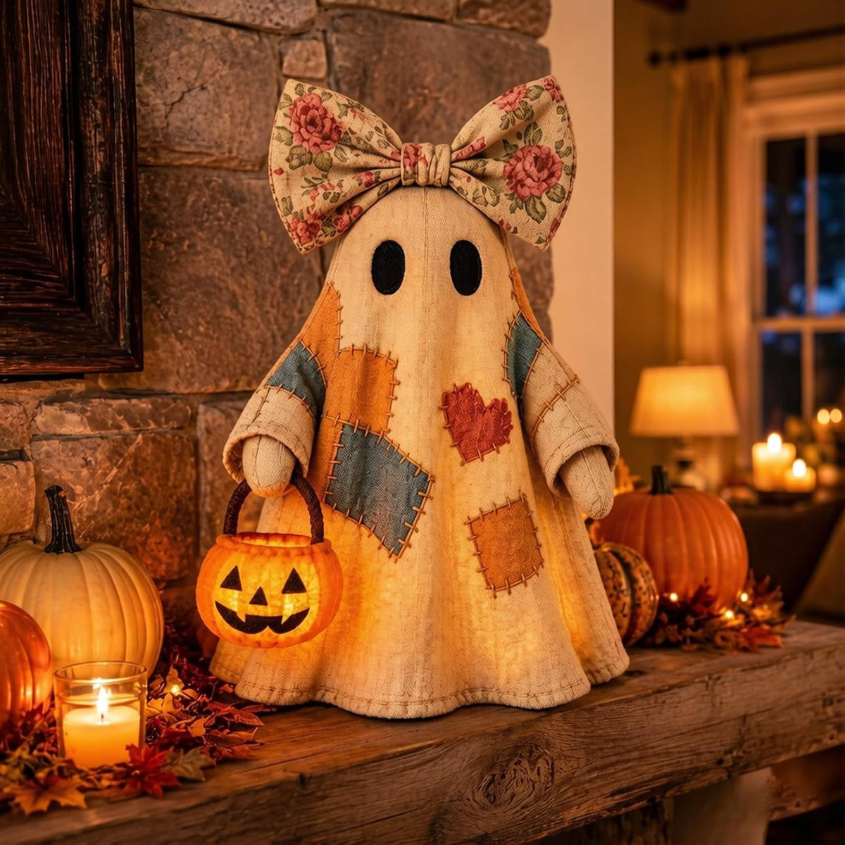 Win s Way Lighted Vintage Patchwork Ghost Decor Glowing Ghost Figurine with Pumpkin Lantern Farmhouse Style Light Up Statue for Mantel Shelf Entryway Table Fall Decorations