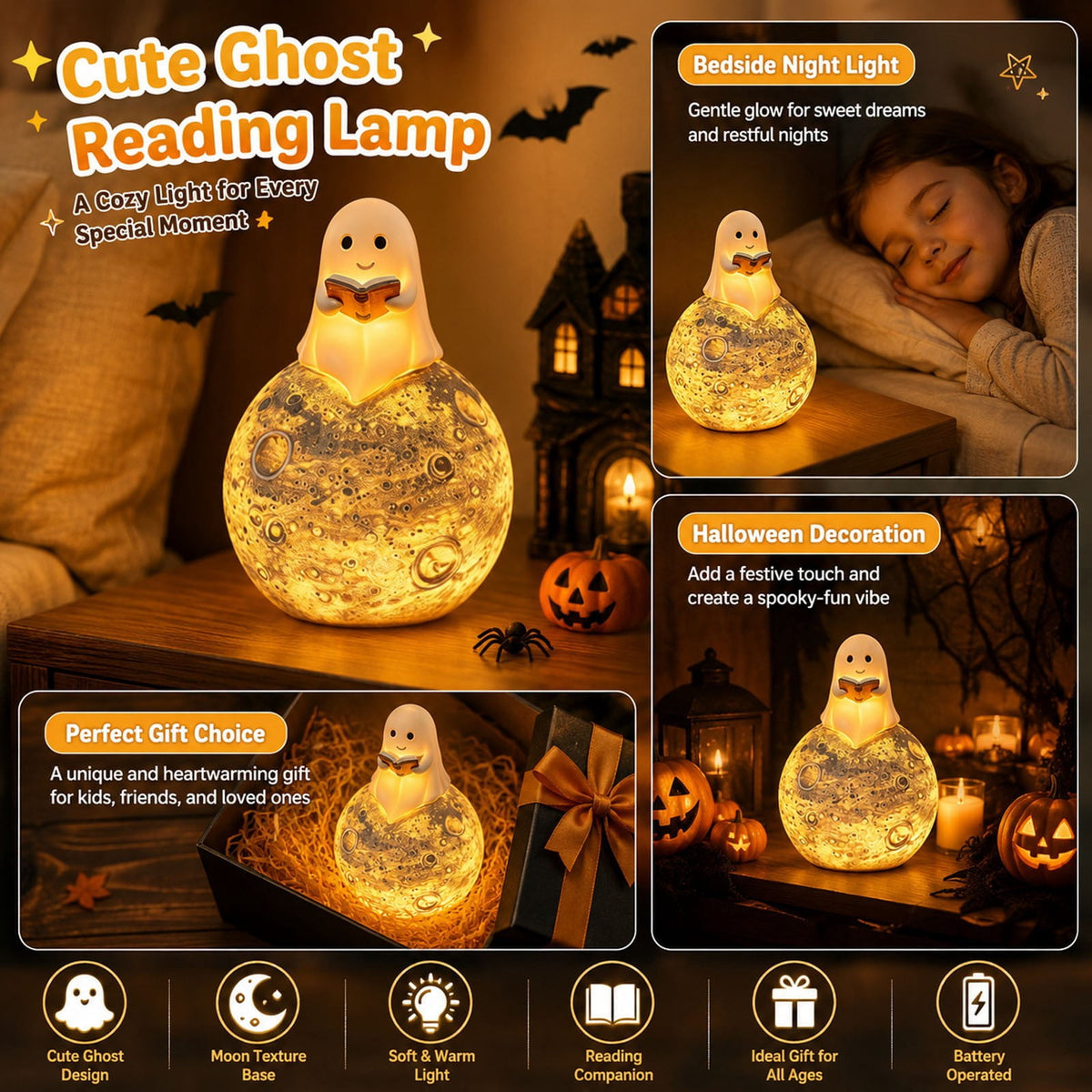 Sahpxhe Halloween Ghost Lamp Decor Warm LED Light for Halloween Mantel Shelf Tabletop Spooky Indoor Halloween Decor