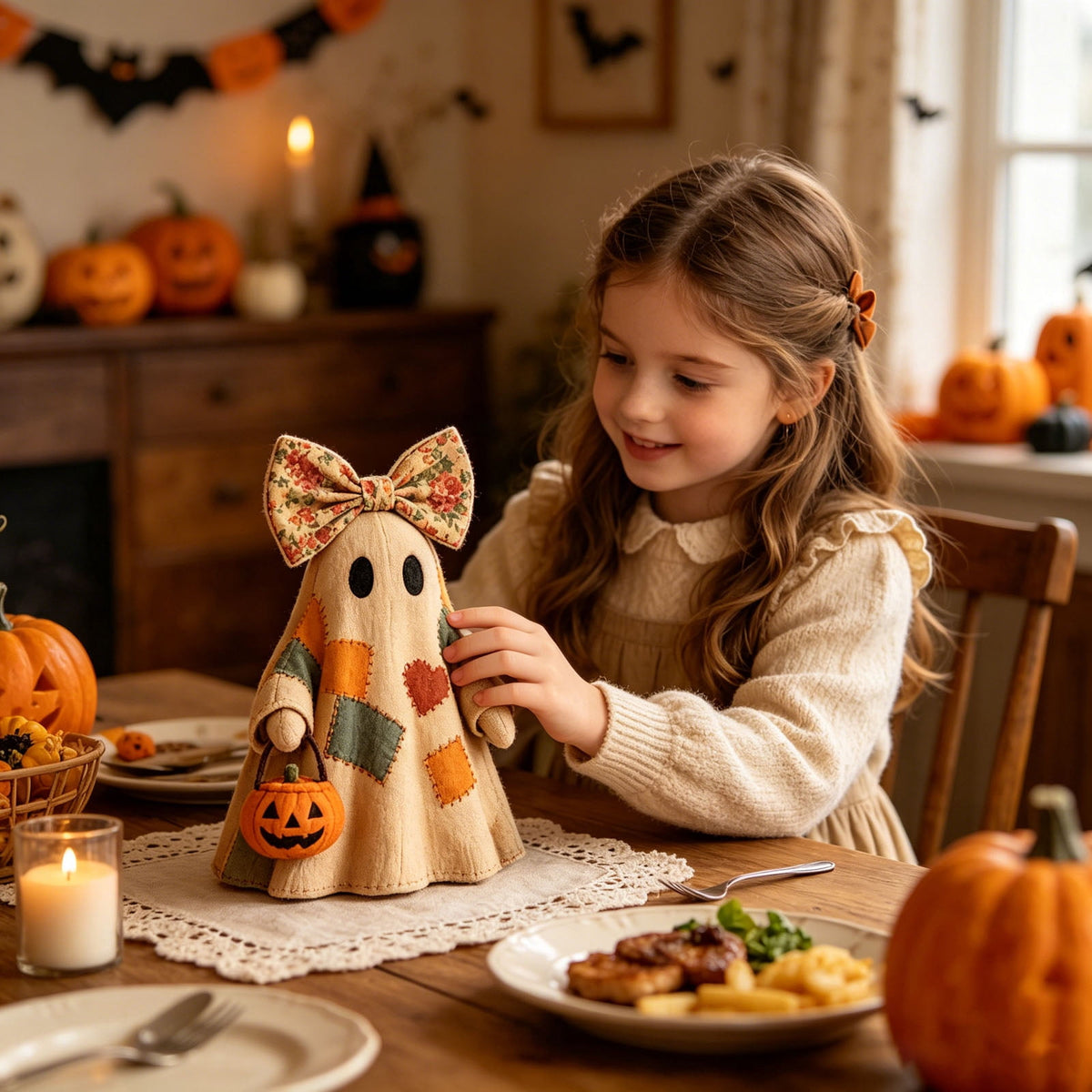 Win s Way Lighted Vintage Patchwork Ghost Decor Glowing Ghost Figurine with Pumpkin Lantern Farmhouse Style Light Up Statue for Mantel Shelf Entryway Table Fall Decorations