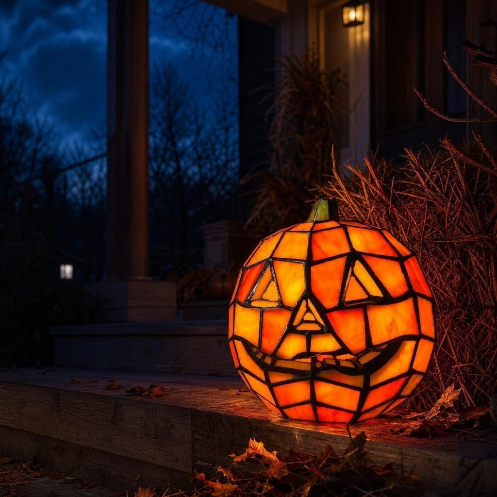 Halloween Decorations Indoor Stained Glass Pumpkin Lamp, Whimsical Fall Decor LED Night Light, Pumpkin Decor for Home Tabletop Shelf Mantel Halloween Display