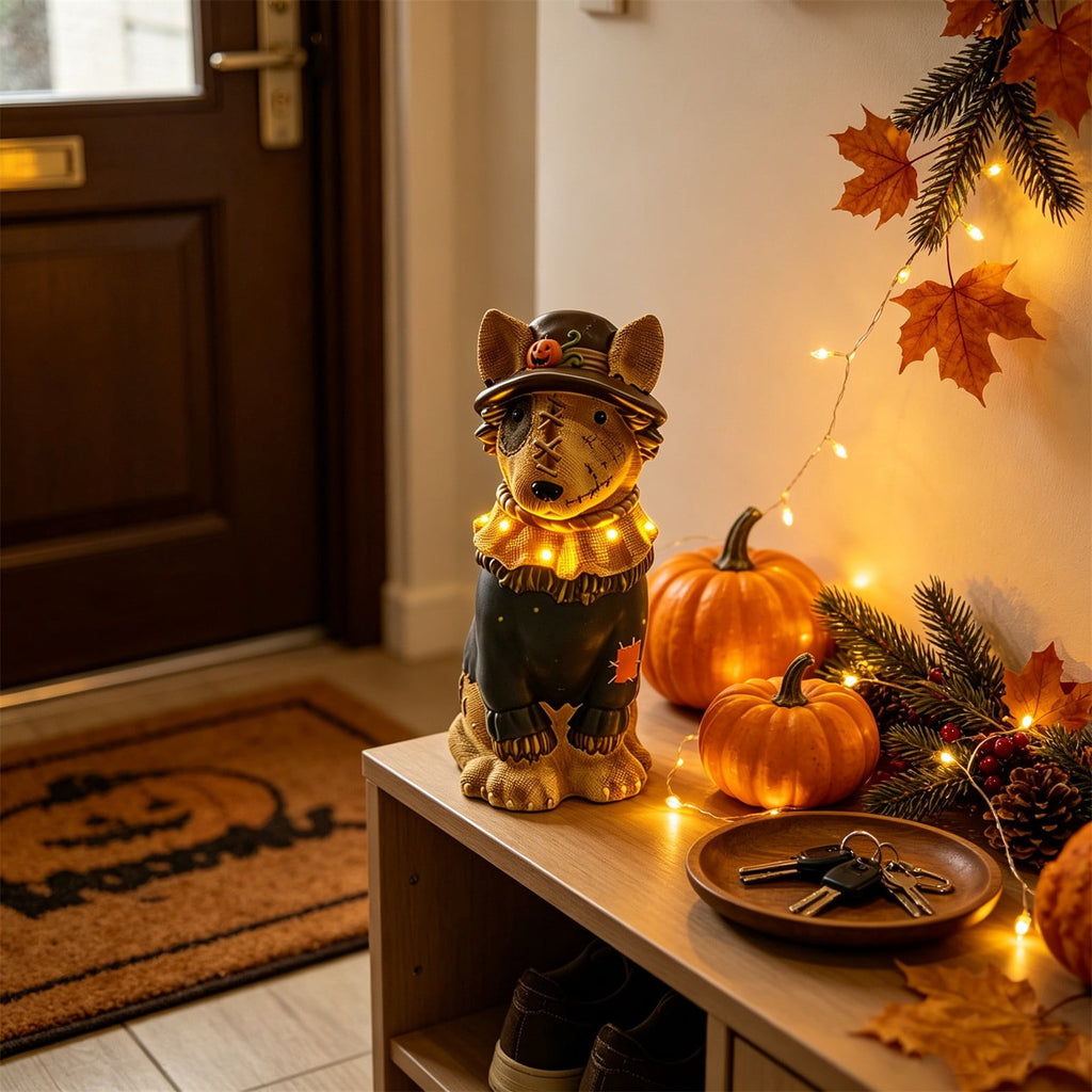 Fall Decorations for Home, 7.9in Lighted Halloween Scarecrow Dog Figurine, Resin Thanksgiving Halloween Garden Dogs Figurines for Autumn Harvest Porch Yard Garden Decor