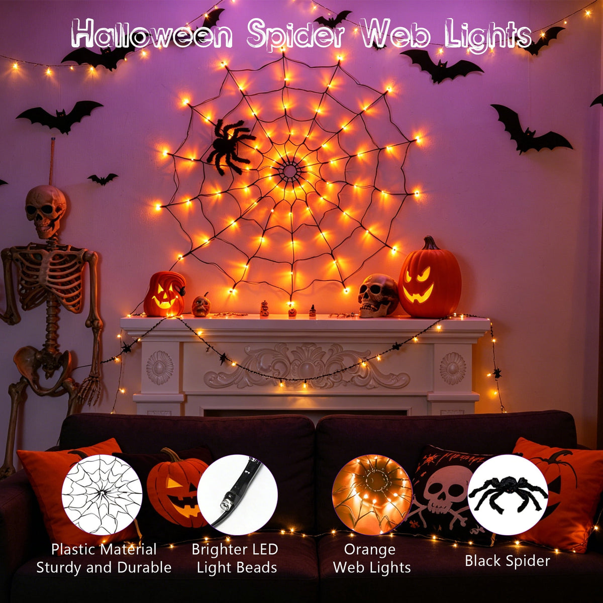 VOLIVO Halloween Spider Web Lights, 4FT Diameter 8 Modes Net Lights with Black Spider, Remote Control Waterproof for Indoor Outdoor (Purple)