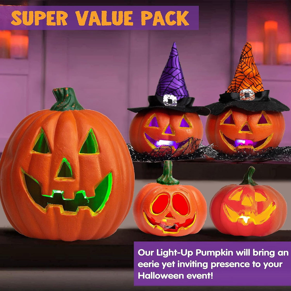 Joyfy 5 Pcs Light Up Halloween Pumpkin Decor Jack O Lantern Decorations Outdoor Indoor, Plastic Large Trick Or Treat Table Top Party Supplies Favors