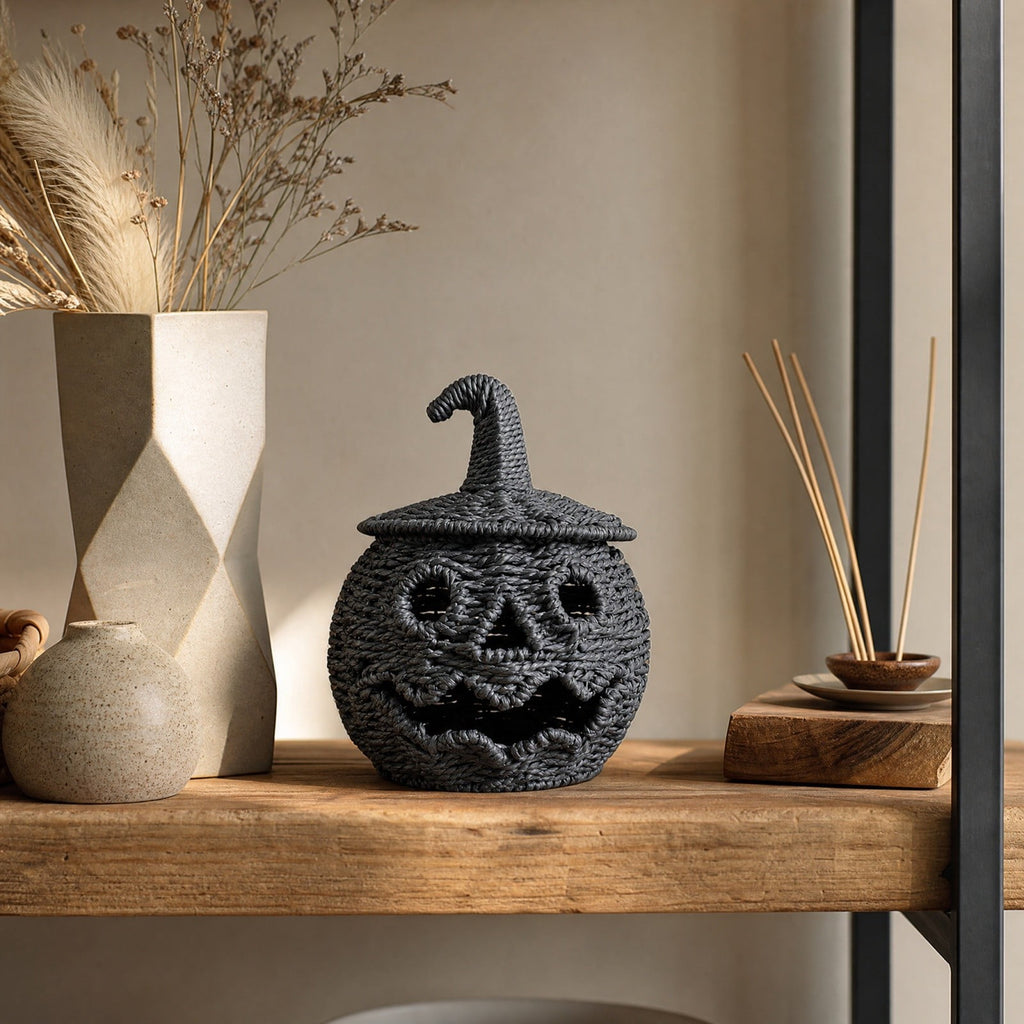 Sahpxhe Black Woven Pumpkin Basket with Lid Handmade Wicker Pumpkin Candy Baskets for Halloween Tabletop Mantel Candy Storage Decorations