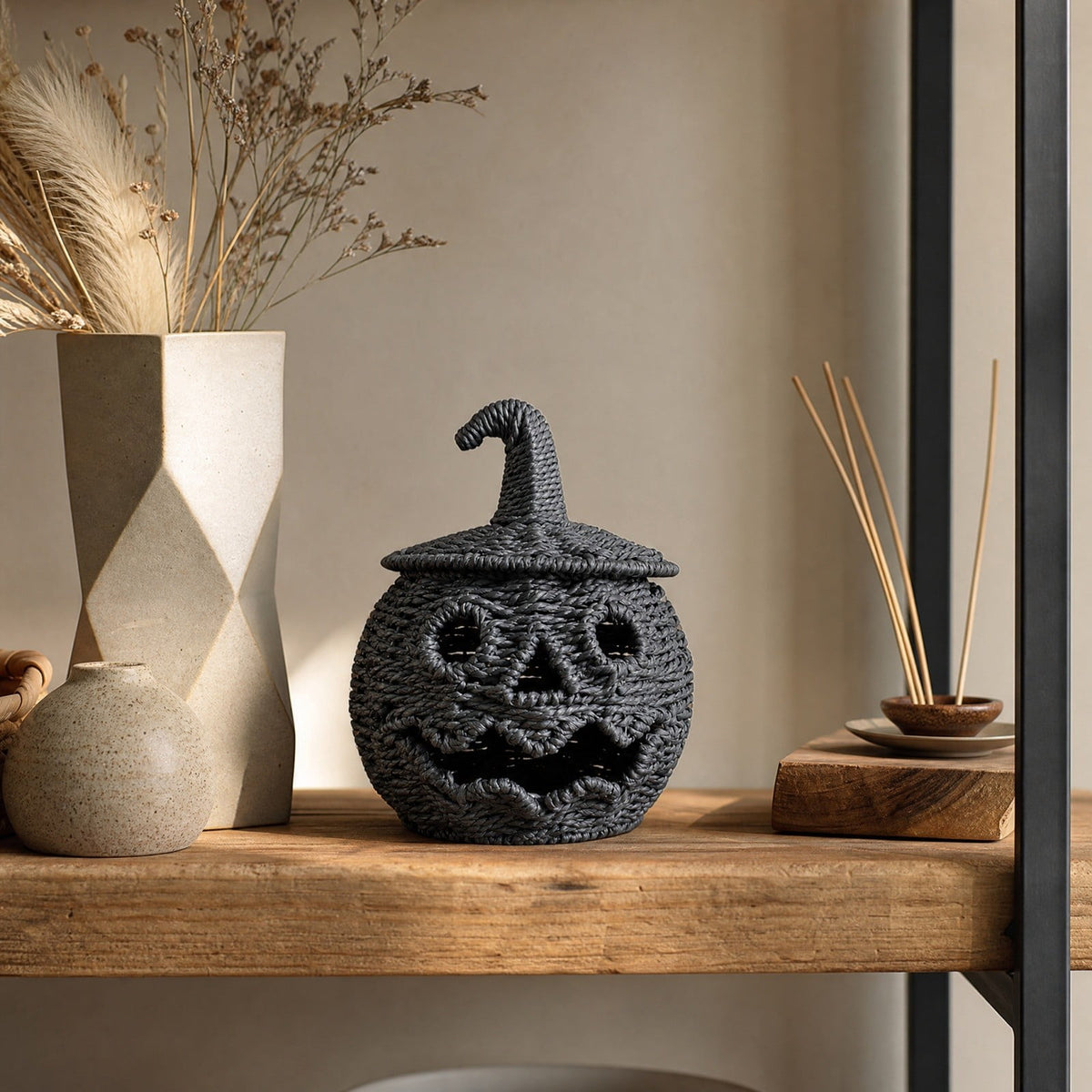 Sahpxhe Black Woven Pumpkin Basket with Lid Handmade Wicker Pumpkin Candy Baskets for Halloween Tabletop Mantel Candy Storage Decorations