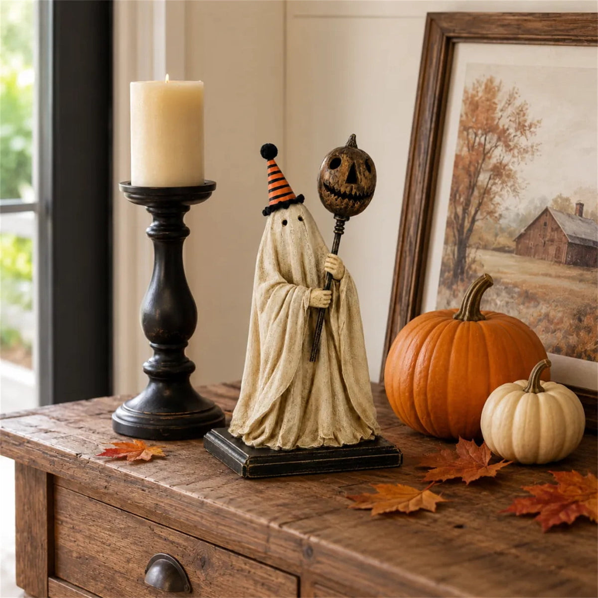 Win s Way Lighted Vintage Patchwork Ghost Decor Glowing Ghost Figurine with Pumpkin Lantern Farmhouse Style Light Up Statue for Mantel Shelf Entryway Table Fall Decorations
