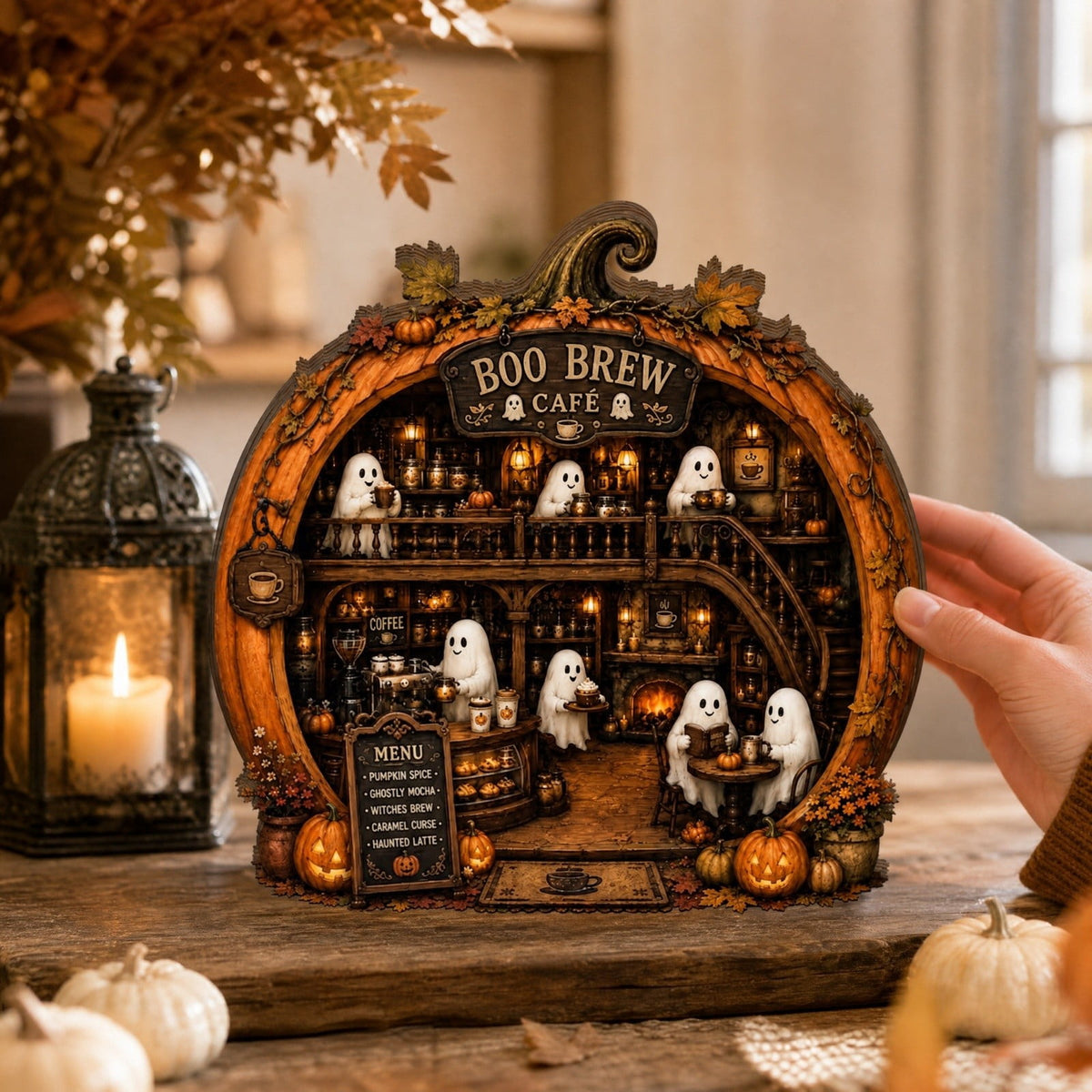 Halloween 2D Wooden Decoration, Ghost Pumpkin Cafe Tabletop Decor with Spooky Tavern Scene Design, Halloween Home Decor for Shelf Mantel Desk Display, Fall Decor and Seasonal Home Decorations