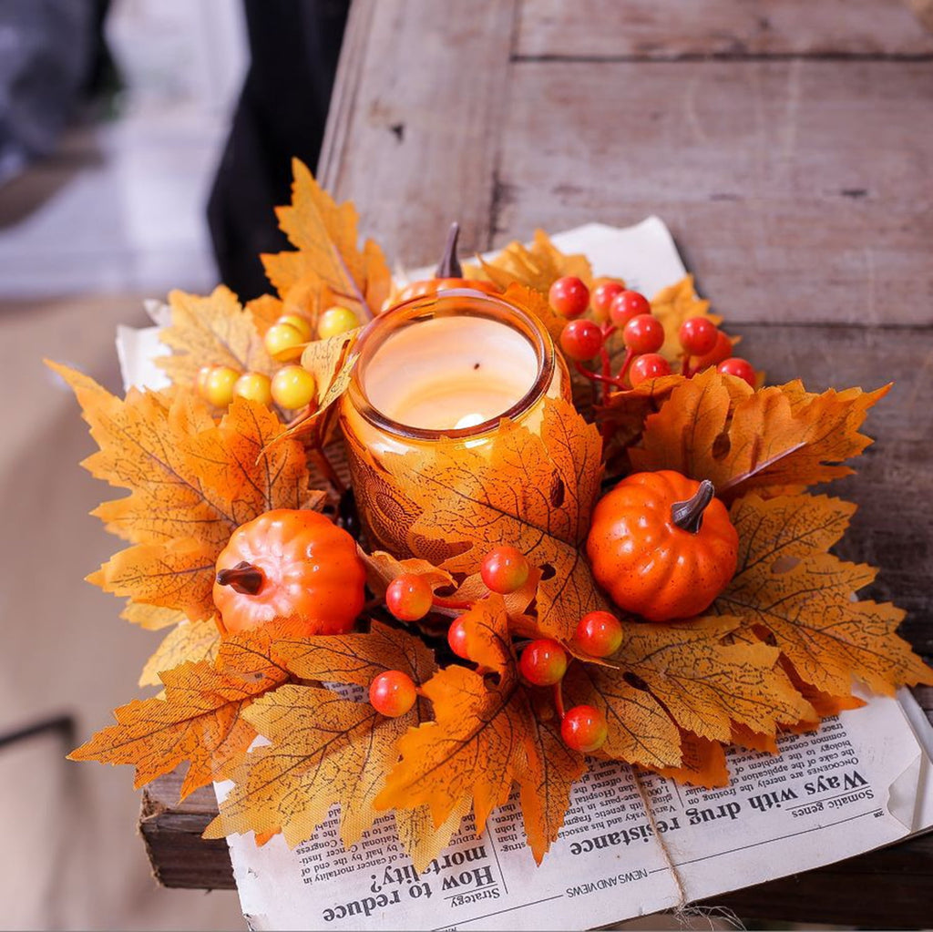 TETOU 2Pcs Halloween Candle Rings Wreath for Pillar Candle Holder, Maple Leaf Black Rose Small Wreaths for Fall Thanksgiving Home Table Centerpieces, Cabinet Decorations - Black