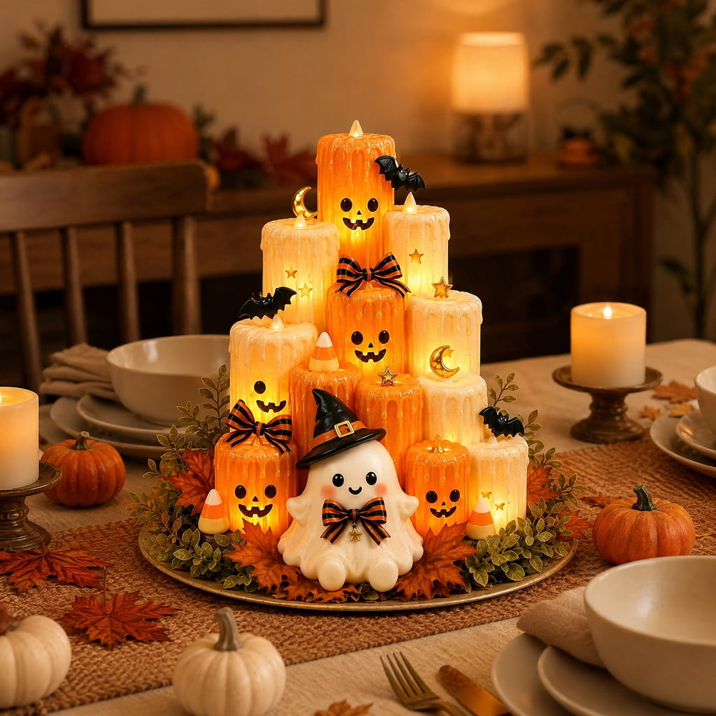 Halloween Ghost Pumpkin LED Candle, Halloween Tabletop Decor with Flickering Warm Light
