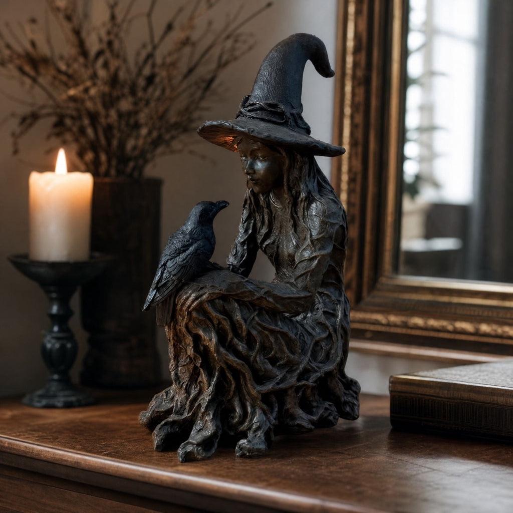 2026 New Halloween Mossy Tree Witch With Crow Light Up 7" Resin Figurine Rave Mantel Shelf Party Decorations