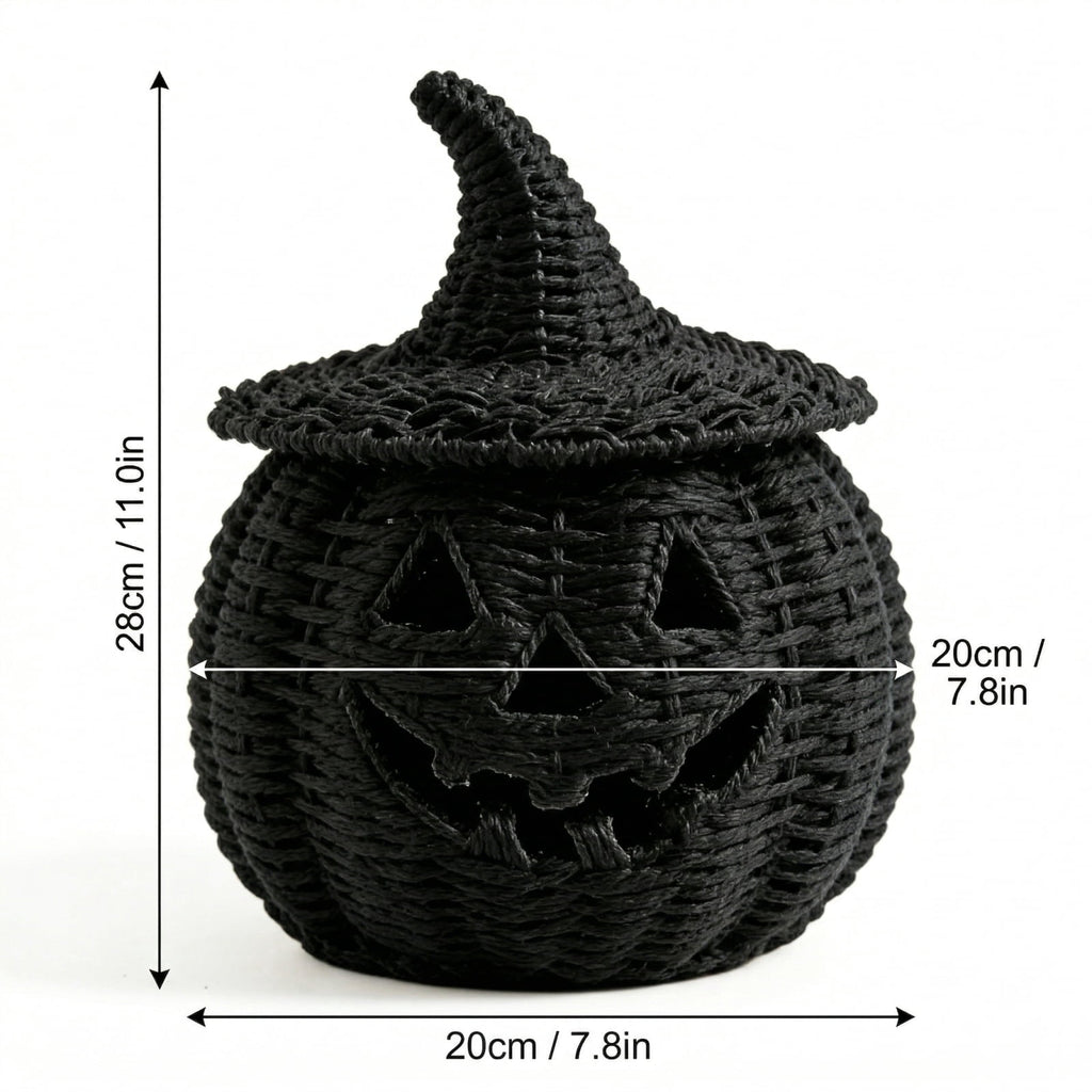 Halloween Woven Seagrass Pumpkin for Spooky Halloween Candy Storage and Home Decor, Black Handcrafted Witch Hat Woven Seagrass Lantern for LED Candy（B）