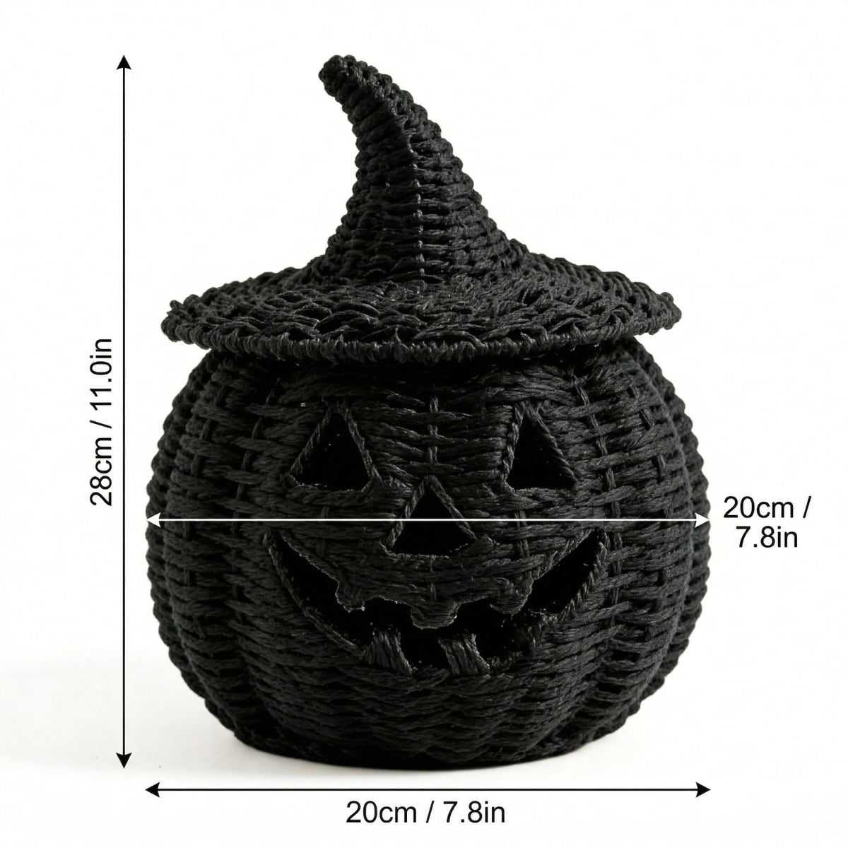 Halloween Woven Seagrass Pumpkin for Spooky Halloween Candy Storage and Home Decor, Black Handcrafted Witch Hat Woven Seagrass Lantern for LED Candy（B）