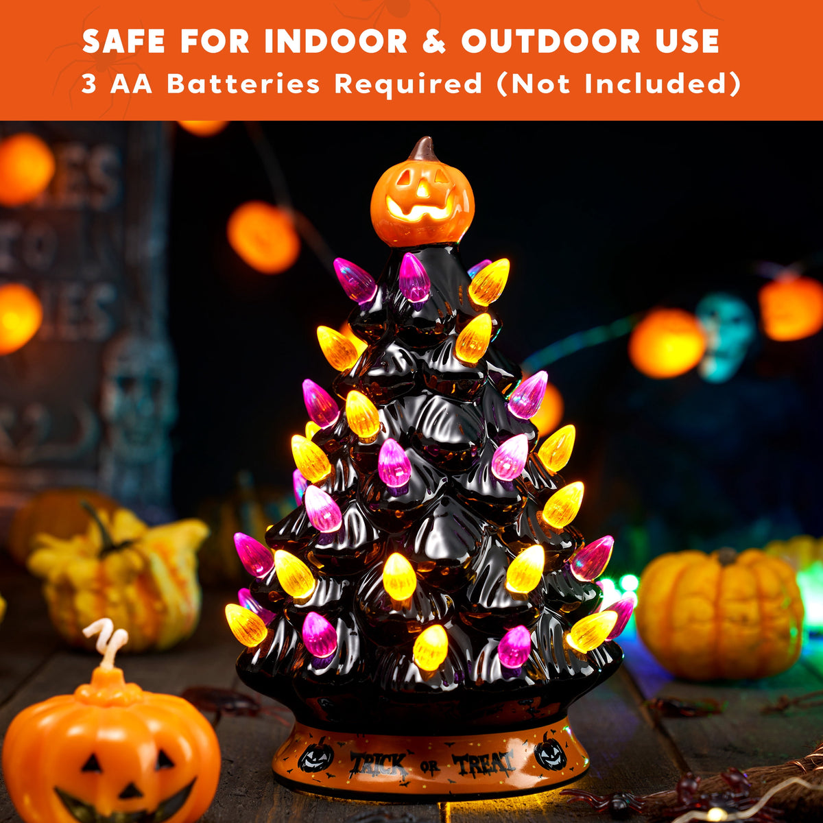 Joyfy 8.5 inch Halloween Decorations Ceramic Gnome Tree Decorations with Build-in LEDs,Light Up Pumpkin Table Decor Bedroom Indoor Centerpieces for Tables