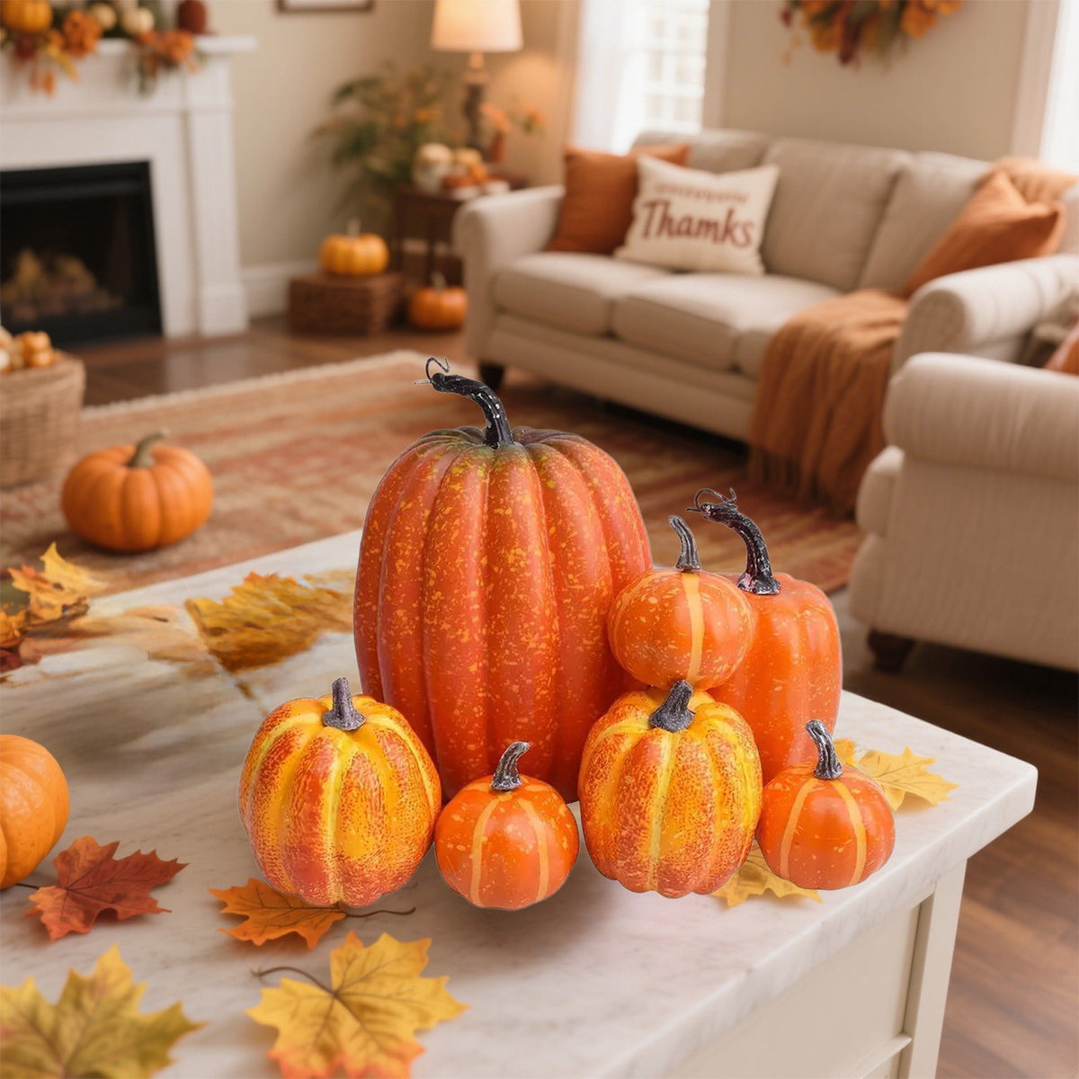 Fall+Decorations,Outdoor Pumpkins for Porch,7pcs Halloween Decorative Pumpkin Model Realistic Looking Simulation Ornament Good For Party Decorations Display(Orange 7pcs/Set 8"-3")