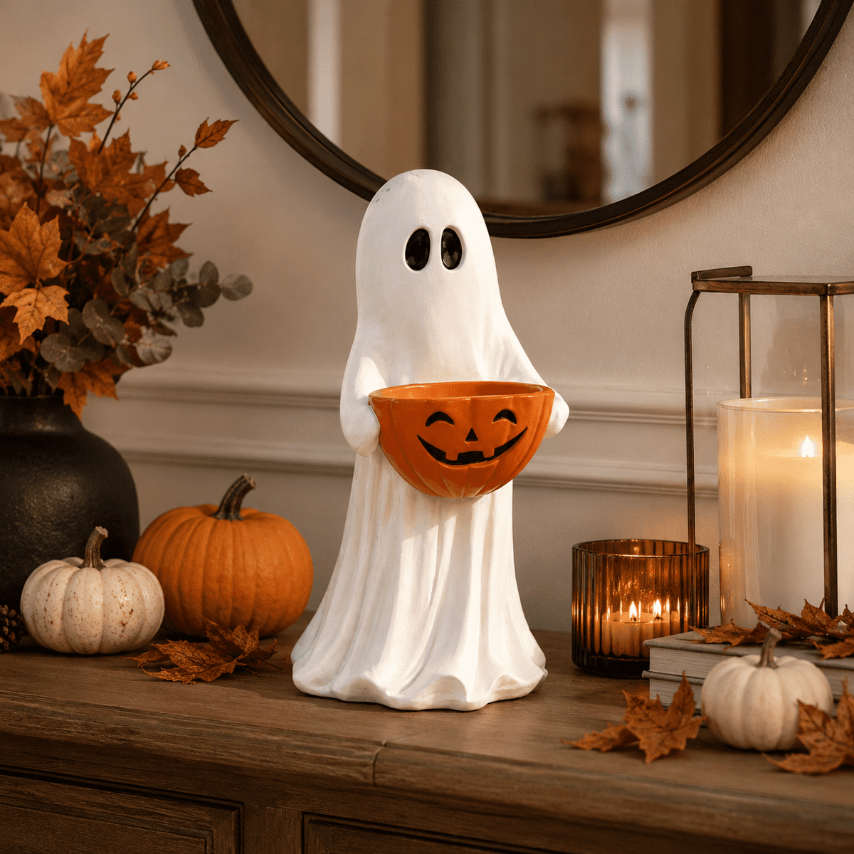Clearance! Halloween Ghost Statue with Pumpkin Candy Bowl, 13.7 Inch Outdoor Ghost Figurine, Halloween Candy Holder Decoration for Porch Yard Patio Indoor Decor
