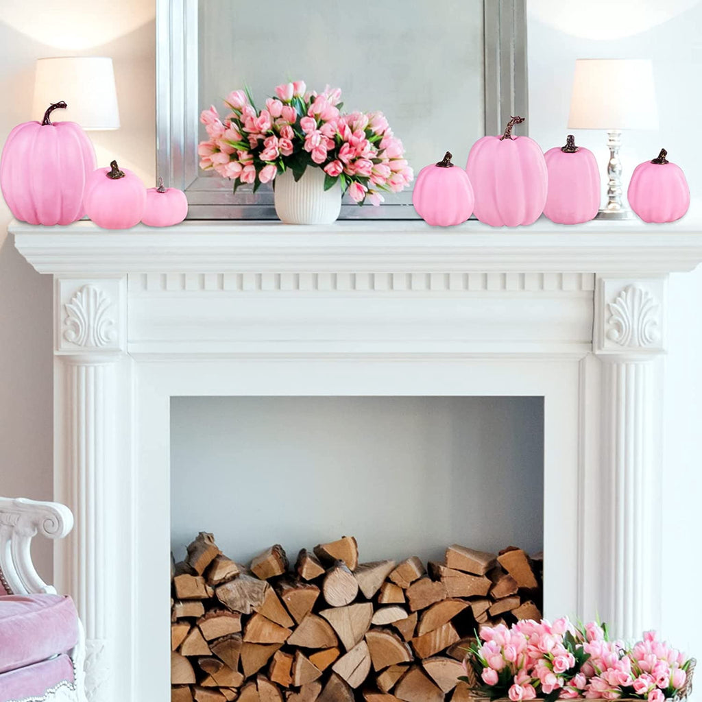 Foraging dimple 7 Pcs Assorted Harvest Orange Artificial Pumpkins Decorative Pumpkins Foam Pumpkins with Gold Stems for Fall Harvest Autumn Home Wedding Thanksgiving Halloween Party