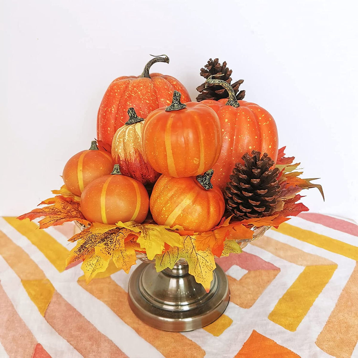 Foraging dimple 7 Pcs Assorted Harvest Orange Artificial Pumpkins Decorative Pumpkins Foam Pumpkins with Gold Stems for Fall Harvest Autumn Home Wedding Thanksgiving Halloween Party