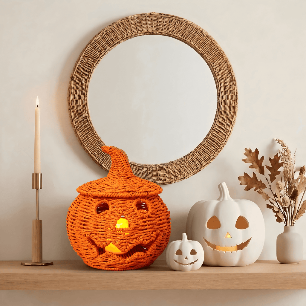 Guvpev 12" Handcrafted Woven Ghost - White Faux Rattan & Metal Ghost Figurine, Halloween Spooky Table Centerpiece & Fall Porch Decor for Indoor Outdoor