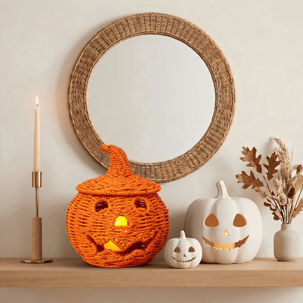 Guvpev 12" Handcrafted Woven Ghost - White Faux Rattan & Metal Ghost Figurine, Halloween Spooky Table Centerpiece & Fall Porch Decor for Indoor Outdoor