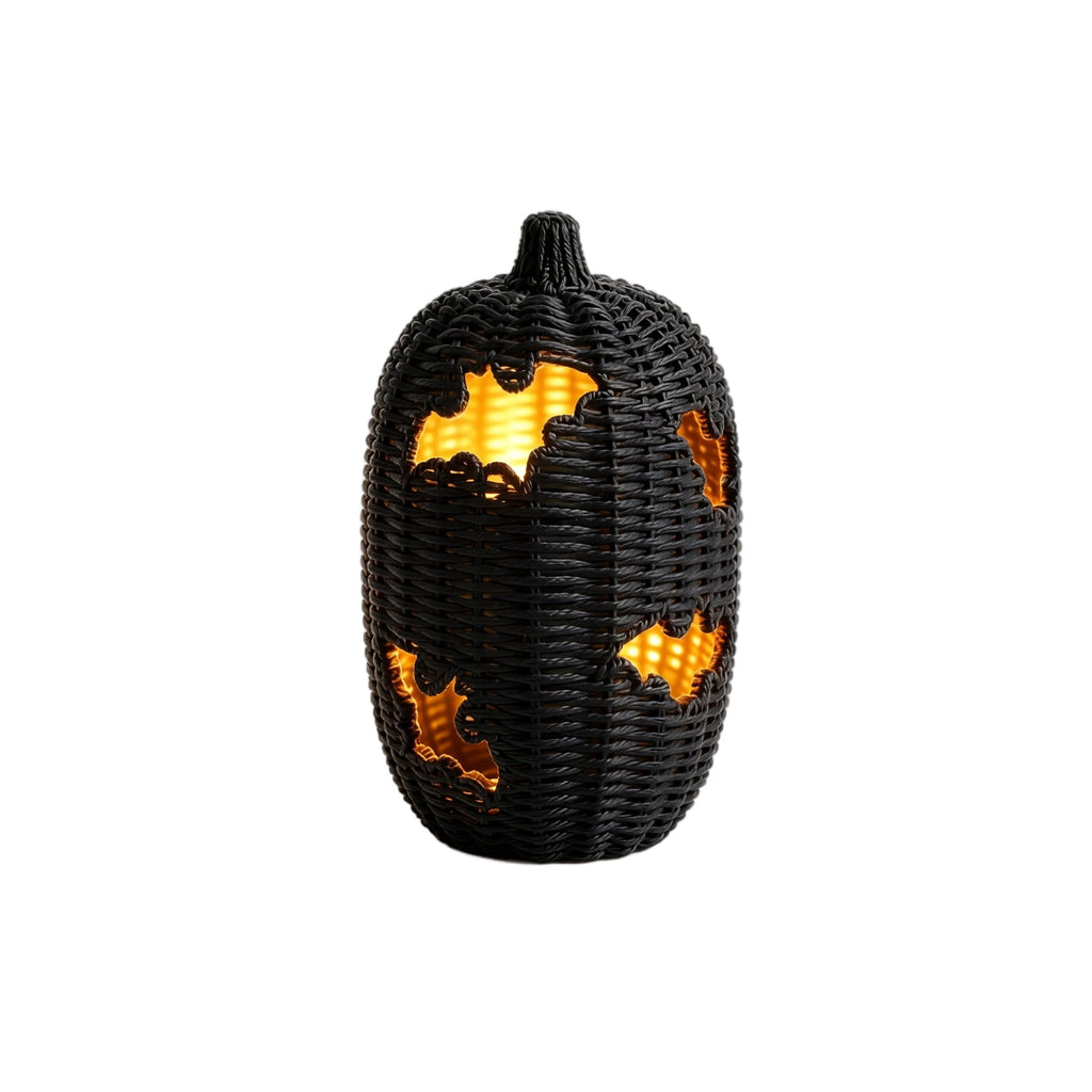 Aximioll Halloween Black Woven Jack-O-Lantern Pumpkin Decor, Hand Woven Rattan Wicker Style Statue, Trick or Treat Candy Bowl Lantern for Porch Entryway Fireplace Mantel Table, Black, 11 Inches