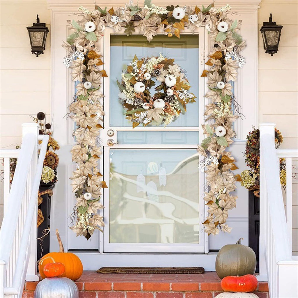 Cheapark 68 Inch Pumpkin Maple Leaf Garland - Halloween Thanksgiving Door Hanging - Artificial Rattan Swag - Party Entryway Decor