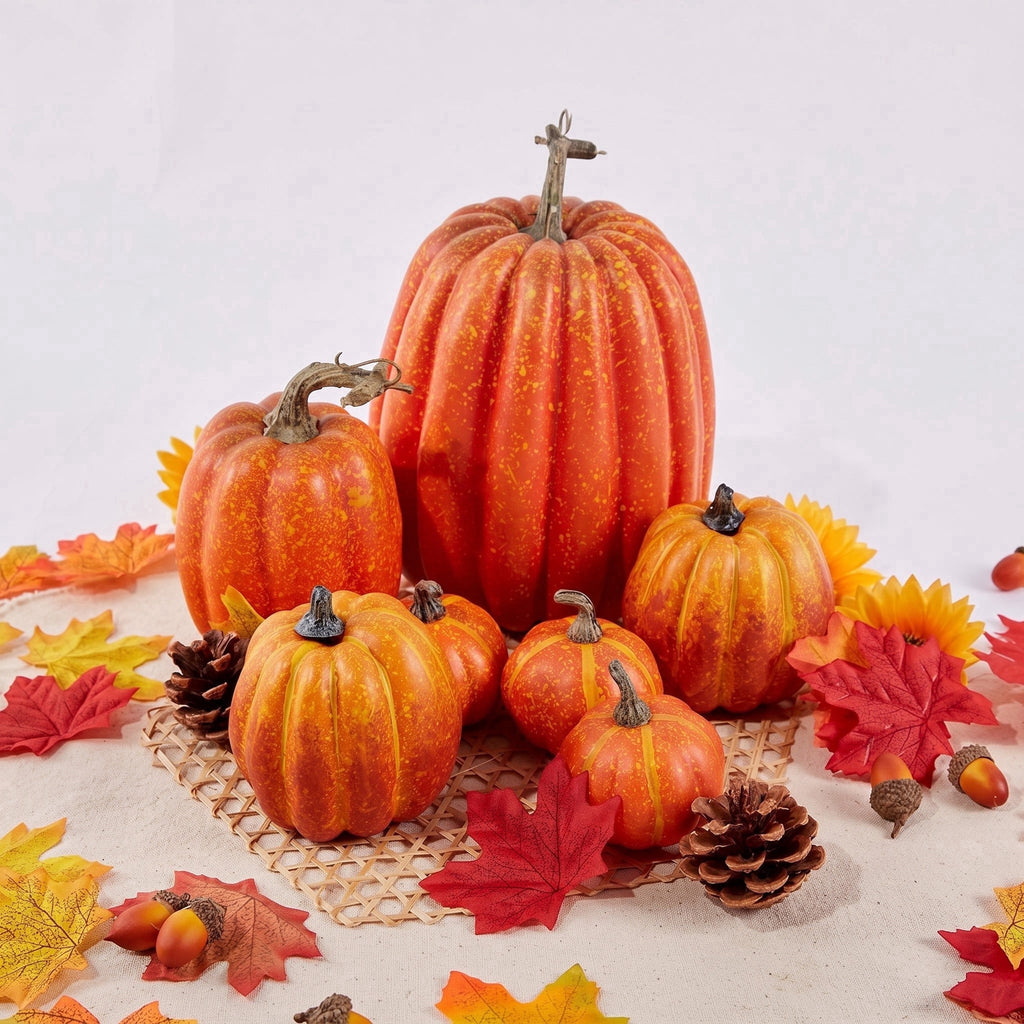 CQHVKQ 7PCS Fake Pumpkins Foam Decor Set, Fall Pumpkins Decoration from Sizes 1.9" to 7.5", Artificial Styrofoam Pumpkins for Table Centerpieces, Fall, Thanksgiving & Halloween DIY, Orange
