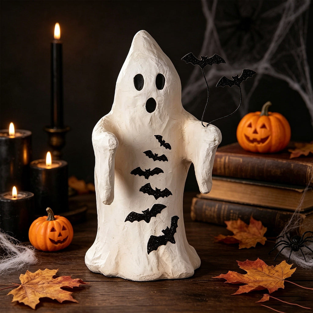 Halloween Ghost Figurine, Resin Lighted Ghost Ornament with Pumpkin Lantern & Beverage Cup, Tabletop Halloween Indoor Decor
